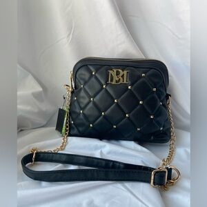 Badgely Mischka Black and Gold Studded Quilted Crossbody Bag with Dome Shape